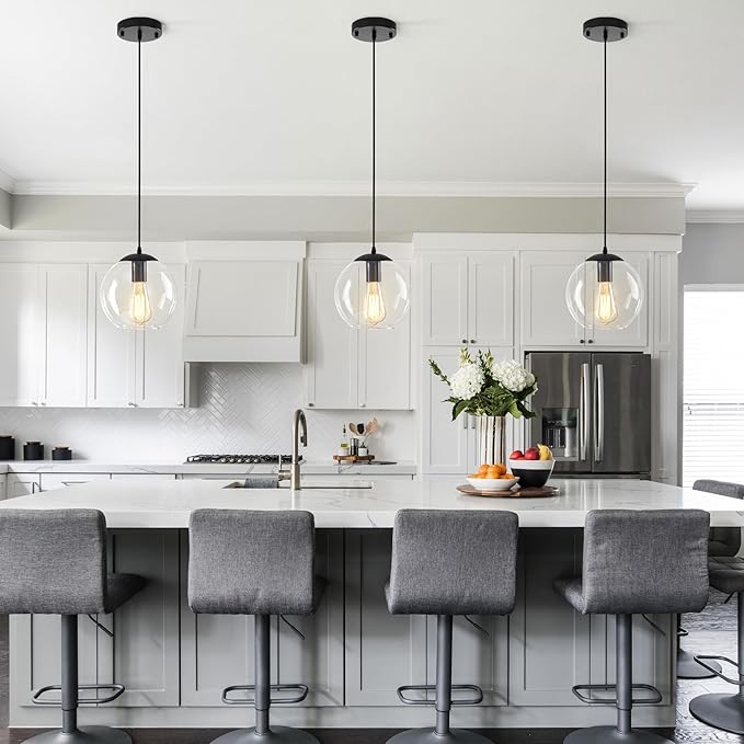 Globe Pendant Light, Modern Hanging Lighting Fixture, Classic Cluster Chandelier with Clear Glass Shades(Black, 1 Lights, 4.7 Inch)