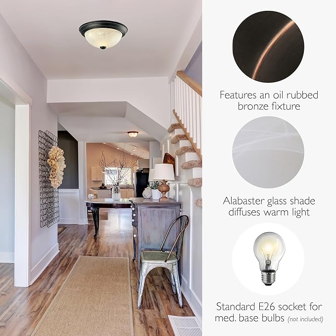 Design House 587519 Traditional 2 Pack 2-Light Indoor Dimmable Ceiling Light with Alabaster Glass for Bedroom Hallway Kitchen Dining Room, Oil Rubbed Bronze, 11-Inch