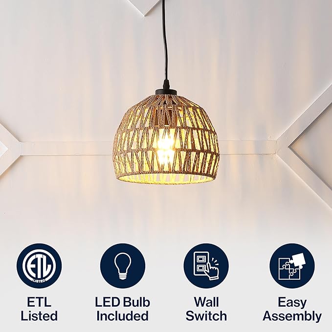 JONATHAN Y 8.25" Brown Modern Bohemian Woven Rope LED Pendant Light Fixture, Adjustable Dome Ceiling Lamp for Kitchen Island, Rope Shade, Coastal Farmhouse Decor (JYL6512E)