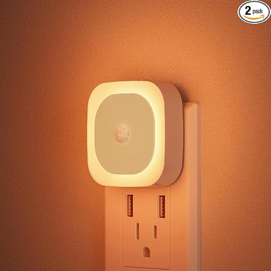 YUNLEX 2 Pack Plug in Amber Night Light with Motion Sensor & Dusk to Dawn Sensor, 3 Sensor Modes, Dimmable Night Lights Plug into Wall, Nightlight for Kids, Sleep, Bathroom, Bedroom, as Mother Gifts