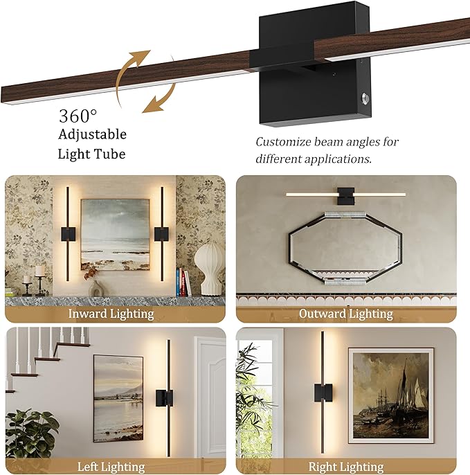 Rayogale 32 Inch Rechargeable Battery Operated Wall Sconce Set 2, 8000mAh Cordless, 3000K/4500K/6000K, Dimmable, Remote, Touch Control, 360° Rotation for Living Room Black Walnut 2 Pack