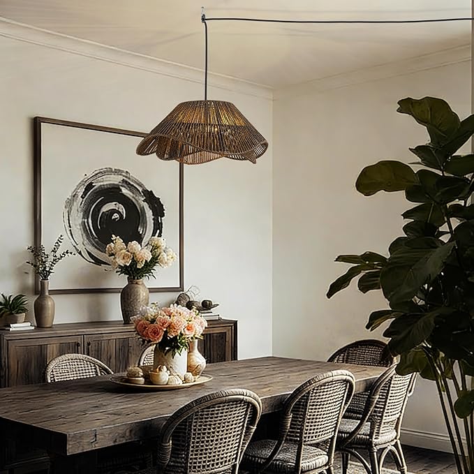 Lumstory Rattan Plug in Pendant Light for Ceiling Farmhouse Dark Brown Boho Woven Hanging Lights with Plug in Cord, Wicker Hanging Lamp with Dimmable Switch, Rattan Chandelier for Dining Room, 3-Light
