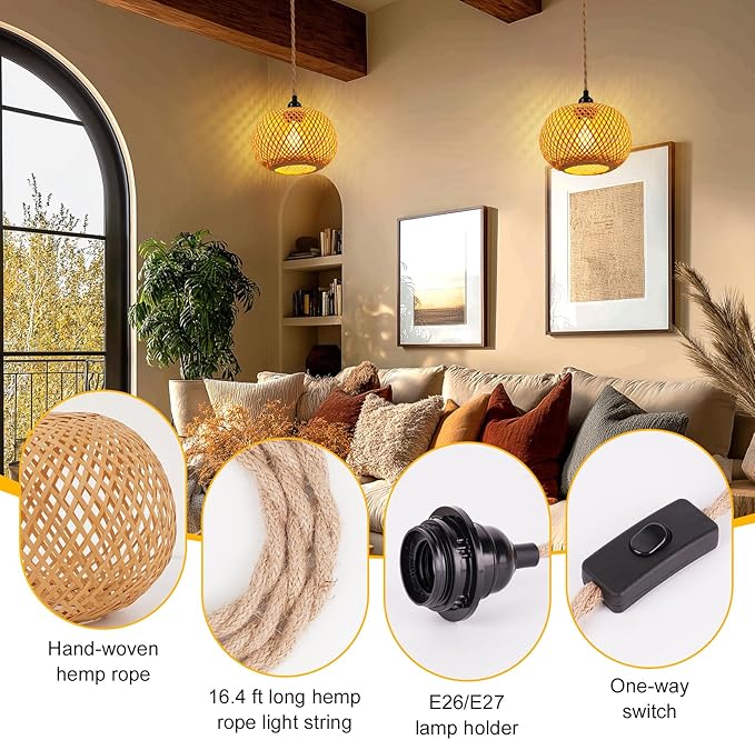 Pendant Light Hanging Lights 15ft Plug in Pendant Light - Hanging Light with On Off Switch Plug in Cord Pendant Light Fixture E26 E27 Light SocketCord for Bedroom Living Room ( 6-Single Layer Shade)