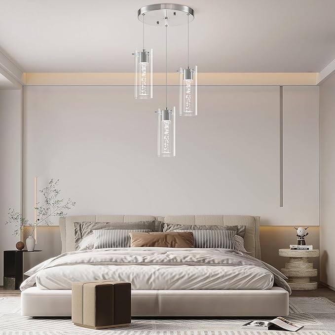 Pendant Lights Kitchen Island, 3-Light Brushed Nickel Pendant Light Fixtures, Cluster Kitchen Island Lights, LED 6000K Pendant Lighting, Modern Hanging Light Fixture for Dining Room Living Room