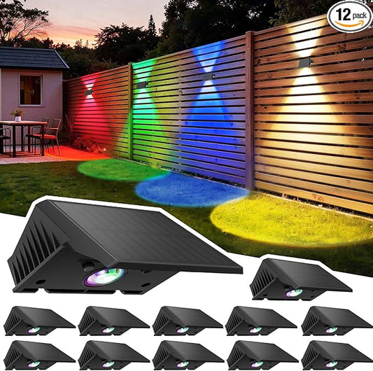 Solar Fence Lights Outdoor, 12 Pack Solar Up Down Wall Lights for Outside, IP67 Fence Lights Solar Powered Dusk to Dawn Auto-Work for Patio Garden Backyard Porch Deck Pathway Step (White&RGB)