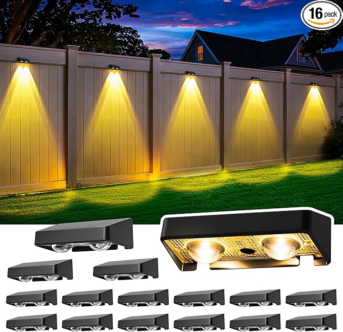 Solar Fence Lights Outdoor 16 Pack, 50 LM 11 Modes & 9 Colors Solar Lights with Brighter LED Focus Lens Waterproof IP65 for Wall Backyard Deck Patio Porch Step Railings Pool Decor