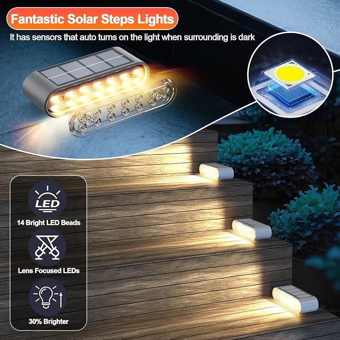 Solar Step Lights Outdoor Waterproof, 8 Pack Solar Stair Lights Outdoor IP67, 14 LED Warm 3000K Outdoor Step Lights, Solar Powered Lighting for Steps, Stairs, Deck, Dock, Patio, Walkway, Porch Step
