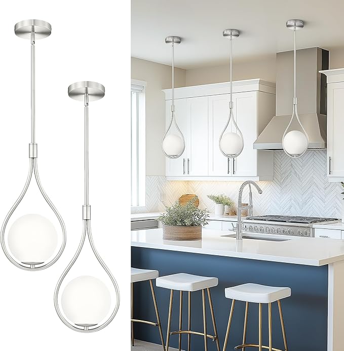 Autelo 2 Pack Pendant Lights Kitchen Island, 1-Light Pendant Lights in Brushed Nickel Finish with Milky White Globe Glass, Nickel Pendant Light Fixtures, Hanging Lamp for Kitchen Island H9377 MGST-2PK