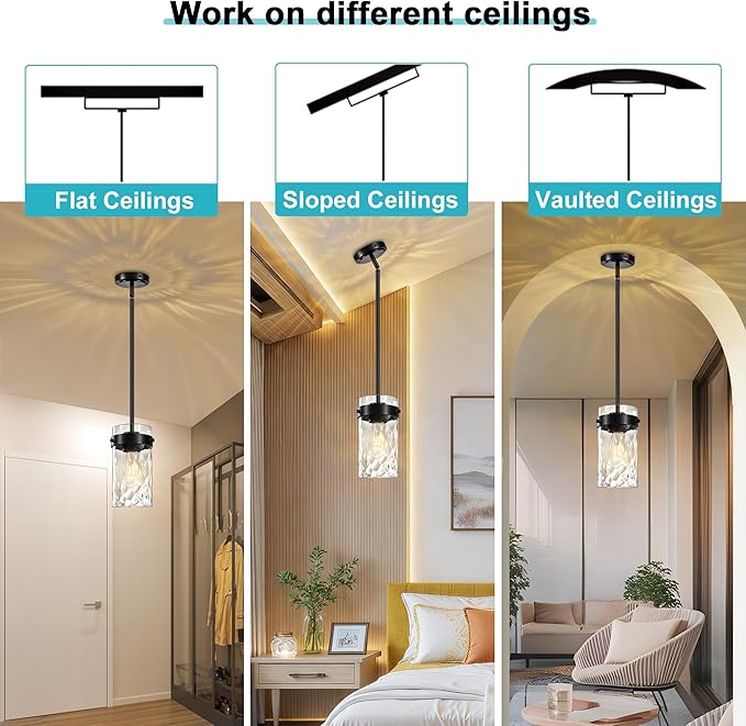 4.72" Hammered Glass Pendant Lighting for Kitchen Island 1 Pack, Modern Black Pendant Light Fixtures, Adjustable Ceiling Pendant Light for Kitchen Island Dining Room Bedroom Hallway