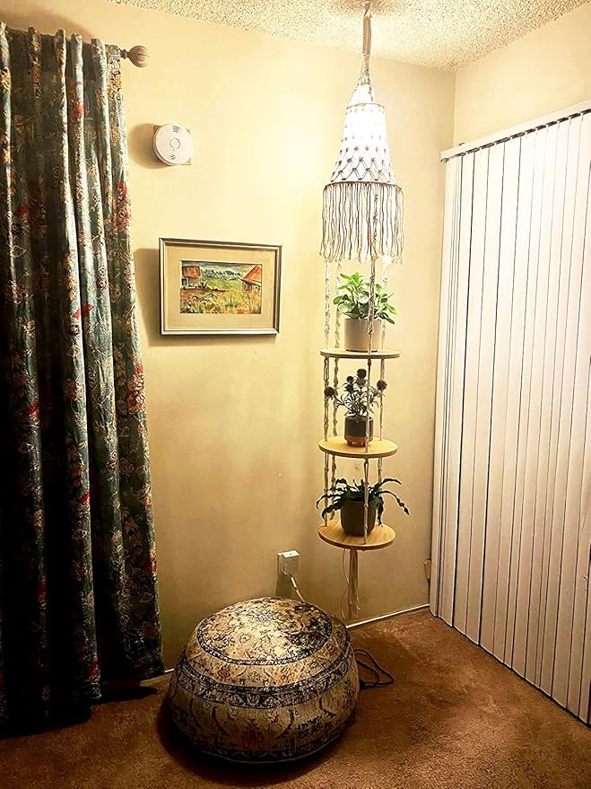 QIYIZM Boho Plug in Pendant Light,Hanging Light with Plug in Cord,Hanging Lamp Macrame Lamp Shade,Dimmable Switch,3 Tier Hanging Plant Shelf Shelves Bohemian Decor for Bedroom Living Room Corner
