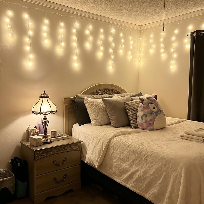 YOLIGHT Fairy Curtain Lights, USB/Battery Powered Ball Icicle Light 13ft 96 LED Globe String Hanging Lights for Bedroom Dorm Wedding Party Christmas Decoration (Warm White (Remote))
