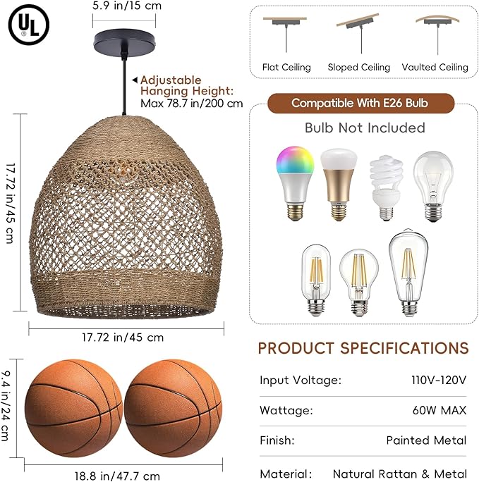 17.7" Boho Rattan Chandelier for Dining Room, 1-Light Hand Woven Pendant Light Fixture with Wicker Lampshade, Coastal Hanging Pendant Lighting for Kitchen Island Bedroom Living Room Nursery