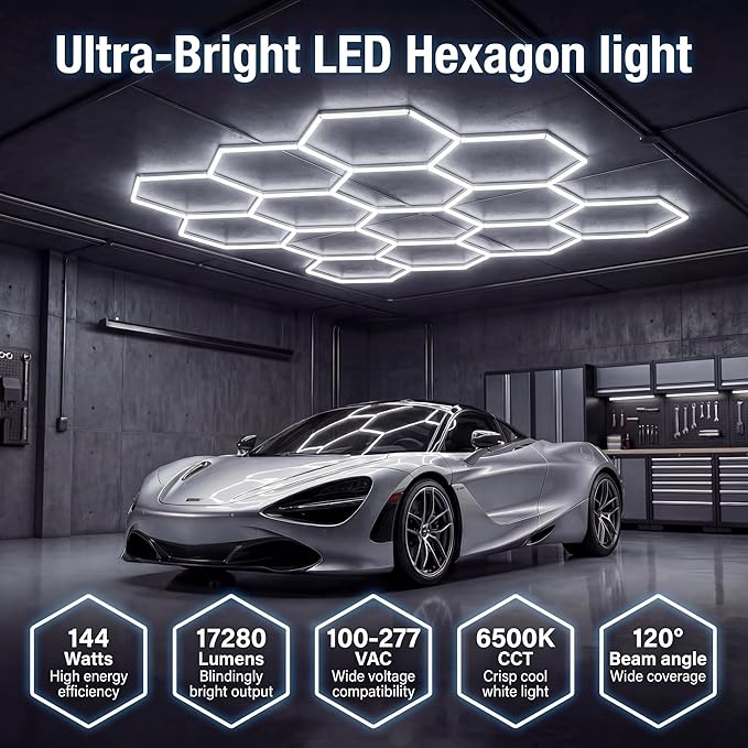 Hexagon Garage Lights 144W 17280LM - 25 Pack Super Bright LED Honeycomb Ceiling Lights for Garage, Workshop, Gym, Car Detailing, Barber & Auto Shops