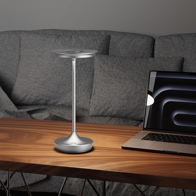 LED Cordless Table Lamps Rechargeable - Outdoor 6000mAh Battery Operated Portable Tables Light 3 Color Stepless Dimming Lamp with Memory Function for Patio Restaurant Dining Silver