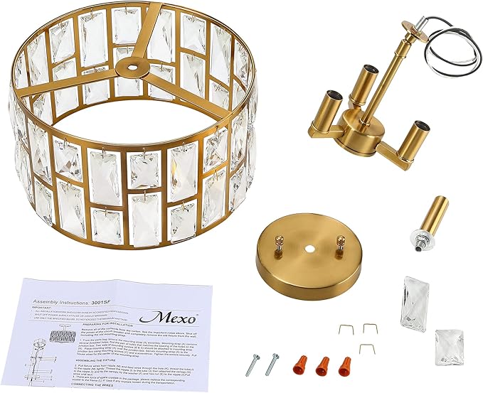 MEXO Gold Finish 3LT Crystal Semi Flush Mount Ceiling Light Fixture, Cylinder Drum Shade, Close to Ceiling, Perfect for Kitchen, Dining Room, Bedroom, Living Room, Entryway, Foyer