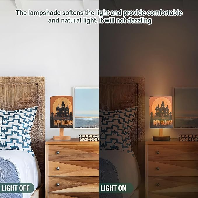 Aslsiy Spooky Castle Halloween Moon Bedside Table Lamp Orange Nightstand Lamp Night Light Fabric Shade for Bedroom Living Room Home Office