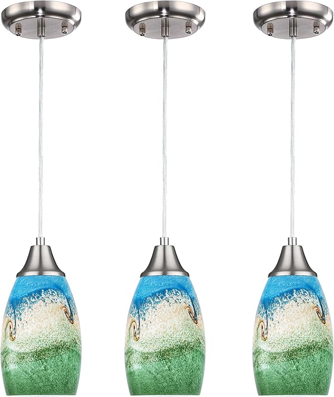 karyfine 3pack Mini Pendant Lights Kitchen Island Hand Blown Art Glass Hanging Ceiling Pendant Light Over Kitchen Sink Glass Pendant Light Shade for Coffee Bar,Dining Room,Stairs Multi Color