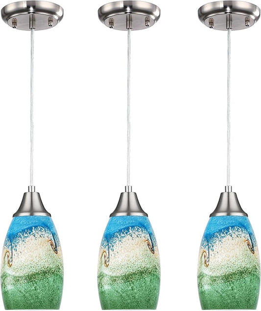 karyfine 3pack Mini Pendant Lights Kitchen Island Hand Blown Art Glass Hanging Ceiling Pendant Light Over Kitchen Sink Glass Pendant Light Shade for Coffee Bar,Dining Room,Stairs Multi Color