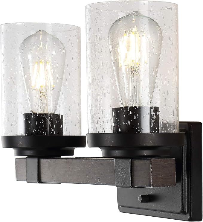 JONATHAN Y 15" Oil Rubbed Bronze LED Vanity Light, Rustic Farmhouse Sconce, Clear Seeded Glass Shade, Industrial Wall Lamp for Bathroom Mirror, Kitchen Sink, LED Bulb (JYL7508A)