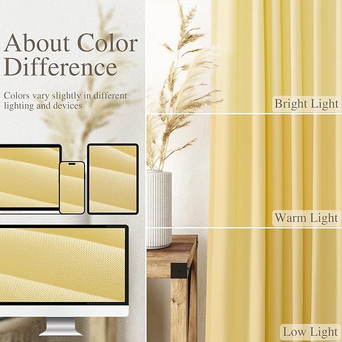 Nanspring Yellow Linen Semi Sheer Curtains 72 Inch Length for Living Room Back Tab Rod Pocket Modern Farmhouse Coastal Decor Cotton Textured Gauze Curtains 72 Inches Long for Dining Room Office 52x72