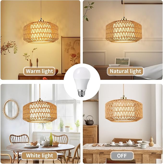 Plug in Pendant Light, Rattan Hanging Lights with Plug in Cord, Rattan Woven and Fabric 2 in 1 LampShade, Hanging Lamp Plug in for Bedroom Living Room Kitchen Island (Bulb Included)