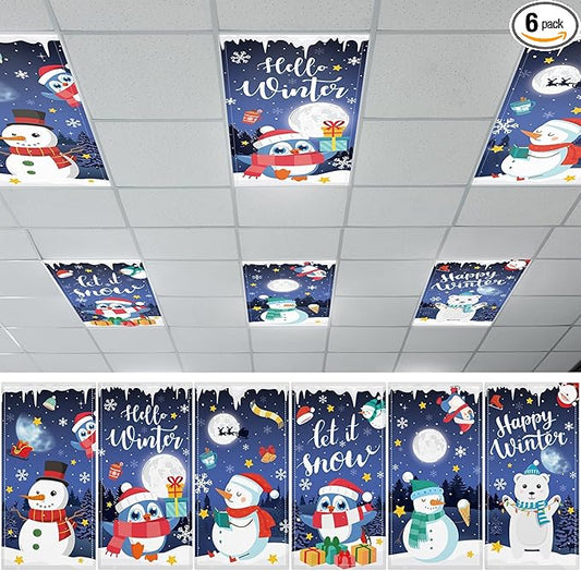 6 Pcs Fluorescent Light Covers with 60 Magnets Decorative for Classroom Ceiling Lights 4 x 2 Feet Magnetic Light Cover Filter Easy Install for Office Hospital Home Ceiling Supplies (Winter Snowman)