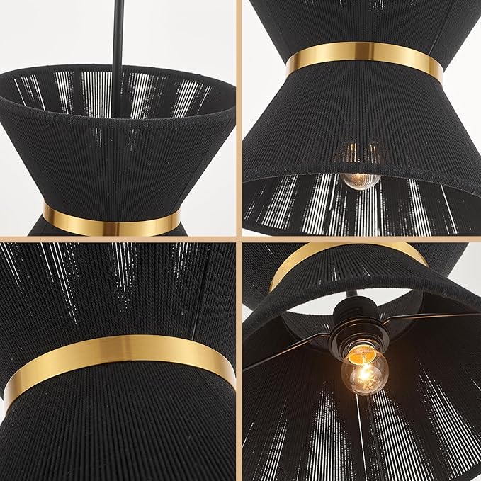 Hand Woven Boho Pendant Light Coastal Mini Modern Chandelier Adjustable Transitional Minimalist Pendant Lighting Fixtures for Kitchen Island Dining Room, Black, Dia 12.2”, UL Listed