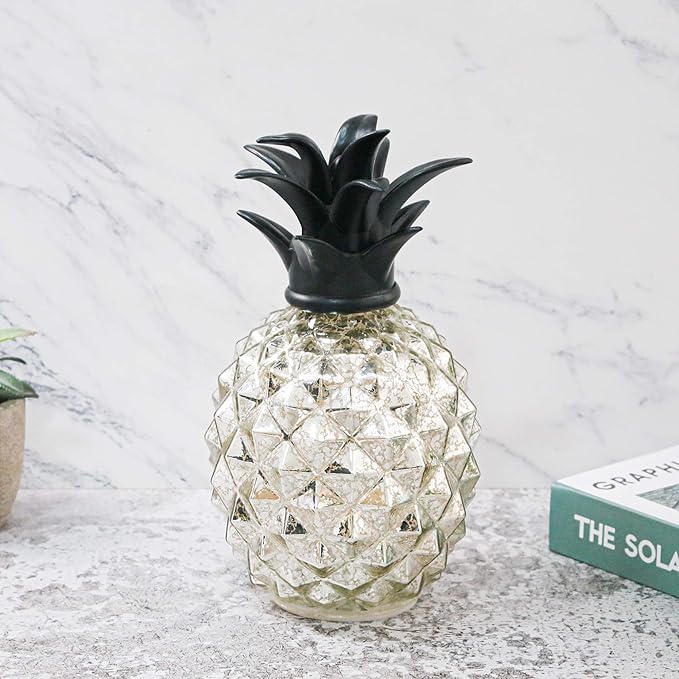 Romingo Mercury Glass Pineapple Lamp 9 Inch Batteries Operated Night Light with Timer for Living Bed Room, Women's Gift for Wife Girl Friend Silver
