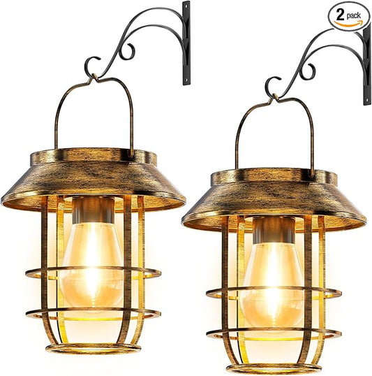 Ahaorigin 2 Pack Solar Lanterns Outdoor Waterproof, High Brightness Hanging Solar Lights for Outside with Wall Hooks, Retro Metal Outdoor Lanterns Auto On/Off for Garden, Porch, Patio, Yard Decor