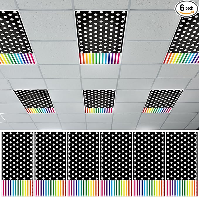 QOUBAI 6PCS Fluorescent Light Covers, 4x2 Feet Magnetic Light Cover Fluorescent Lights Shade Panel Positive Inspirational Ceiling Lights Filters for Office Classroom Home Drop Ceiling Polka Dot
