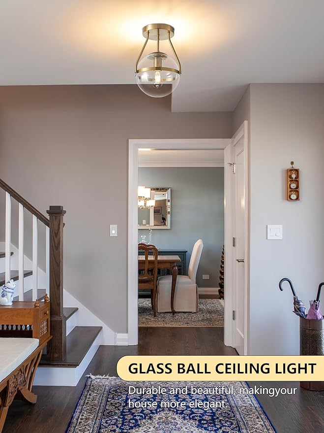 Bagood 8 Inch Mid Century Ceiling Light Modern Gold Semi Flush Mount Ceiling Light with Clear Glass Shade Globe Semi Flush Mount Ceiling Light Fixture for Bedroom Hallway Bathroom Foyer (Bulb Incl.)