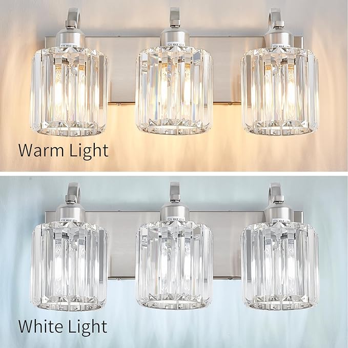 Modern Vanity Light 3-Lights Brushed Nickel Vanity Light Crystal Bathroom Wall Light Bathroom Light Fixtures with Round Shade (Exclude Bulb)