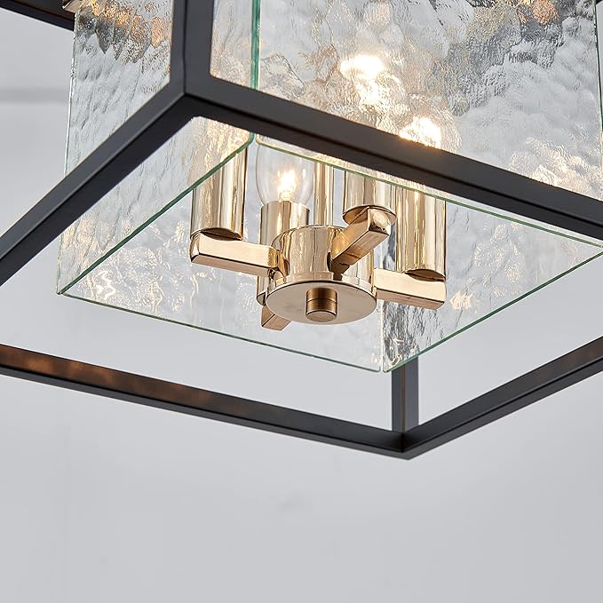 AGV LIGHTING CL015 Semi Flush Mount Ceiling Light Fixture, Close to Ceiling Light, 4-Lights E12 Base, Hazy Textured Glass Shade, Matte Black & Shine Gold Finish