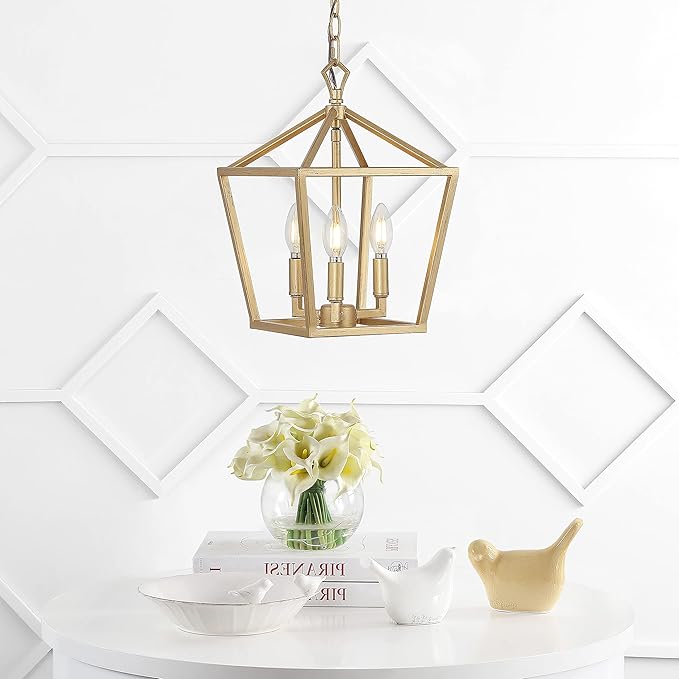 JONATHAN Y 10" Brass Gold 3-Light Pagoda LED Pendant Lantern, Classic Modern Farmhouse Chandelier for Kitchen Island, Dining Room, Entry, Foyer, Rustic Iron Frame (JYL7601B)