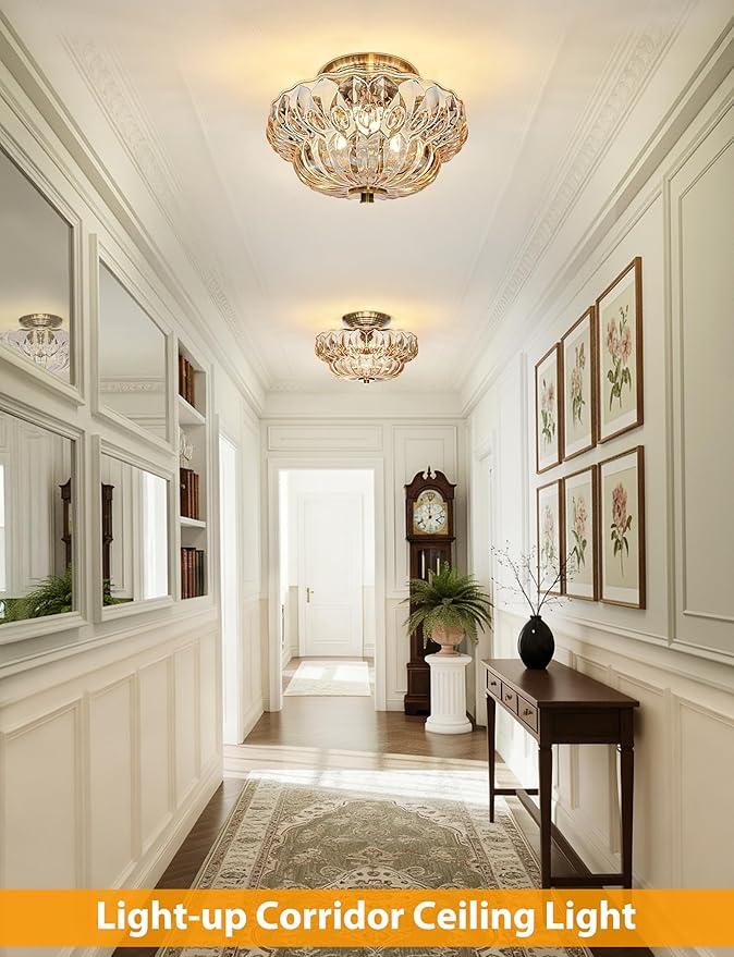 Semi Flush Mount Ceiling Light,11IN Vintage Gold Hallway Lights Fixture,3-Bulb Globe Amber Glass Close to Ceiling Light for Bathroom, Hallway, Dining Room,Bulb Not Included