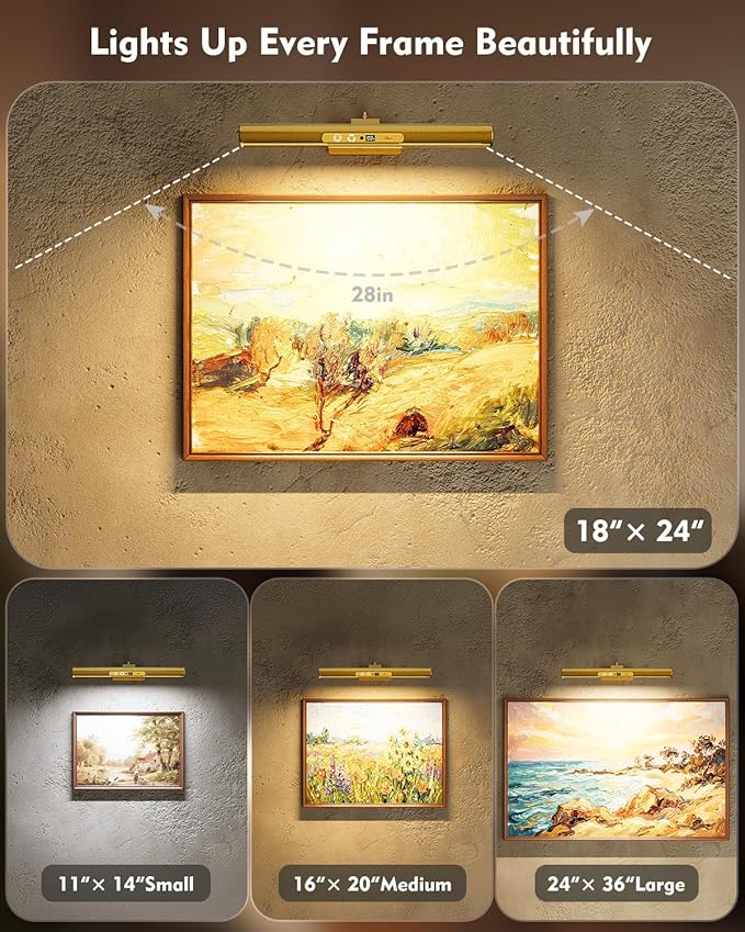 Skairipa Picture Light for Wall, 6000mAh Rechargeable Wireless Wall Lights Remote, 13'' Dimmable LED Art Painting Light with 3 Color Temps, Display for Gallery, Living Room, Hallway (Gold, 1Pack)