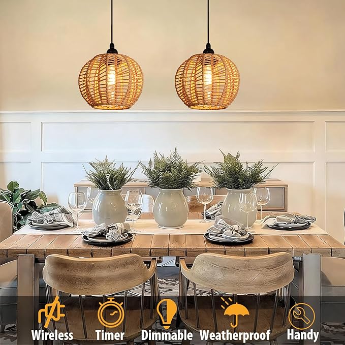TWINKVILLA Battery Operated Chandelier, 2Pack Hanging Gazebo Lights, Cactus Shape Boho Rattan Pendant Lights Outdoor Waterproof for Patio Tree Pergola Porch and Indoor Decor