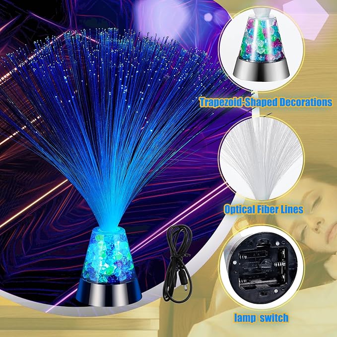 Retisee 6 Pieces Fiber Optic Lamp with Crystal Base 14inch Multicolored Sensory Lights Centerpiece Changing USB Battery Powered Fiber Optic Lights for Room Wedding Disco Party Decoration (Colorful)