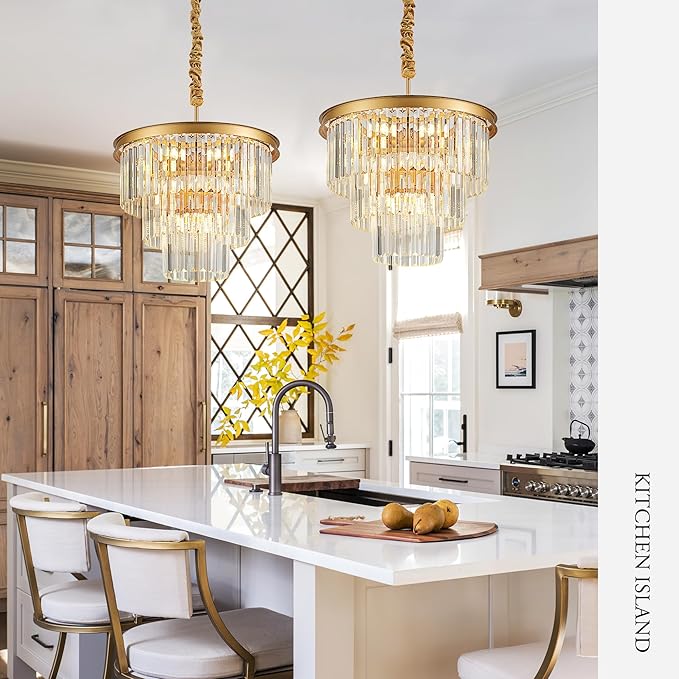 8-Light Gold Crystal Pendant Light, 3-Tier 17.76" Luxury Crystal Pendant Light Perfect for Dining Room, Bedroom, Kitchen, Living Room