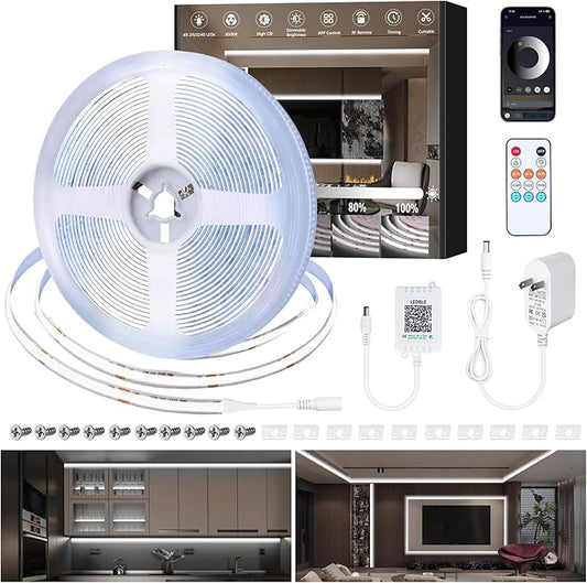 COB LED Strip Lights 32.8ft,6500K DC 24V Dimmable Warm White Flexible LED Lights Strip for Bedroom,with Remote and app Control LED Rope Lights for Living Room,Shelf,Cabine,Bed
