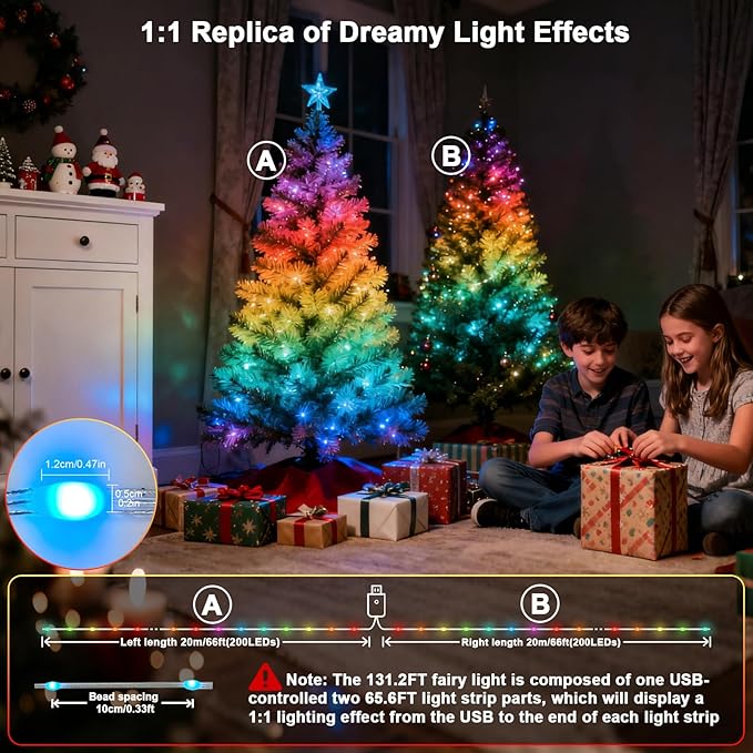 Super RGB Smart Fairy Lights 131.2Ft 400LEDs, Color Changing led String Lights with Remote & APP Control, DIY RGB-IC Dynamic Multicolor Twinkle Lights for Indoor Room Bedroom Birthday Party Decor