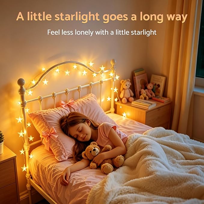 Star String Lights Twinkle Lights Battery Operated, 17 ft 50 LEDs Classroom Decor Fairy Lights, String Lights Battery Powered for Kids Bedroom Wedding Mantel Patio Dorm Decor, Warm White