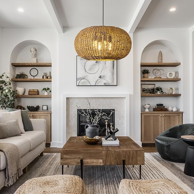 22.83in Large Rattan Chandelier Boho Wicker Hand Woven Pendant Light Farmhouse Ceiling Hanging Lighting Fixture for Living Room Kitchen Island Dining Room Hallway, 4-Lights