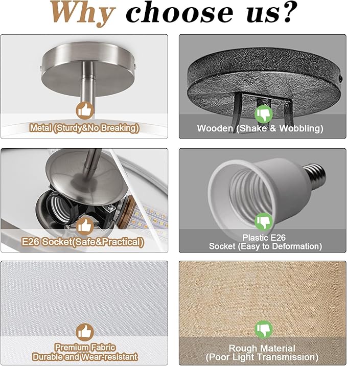 BUXVRCS Semi Flush Mount Ceiling Light Fixture, 3-Light Drum Lighting Fixtures, Hallway Light Fixture Ceiling Mount with Fabric Shade, Close to Ceiling Light for Bedroom Bathroom (Brushed Nickel)