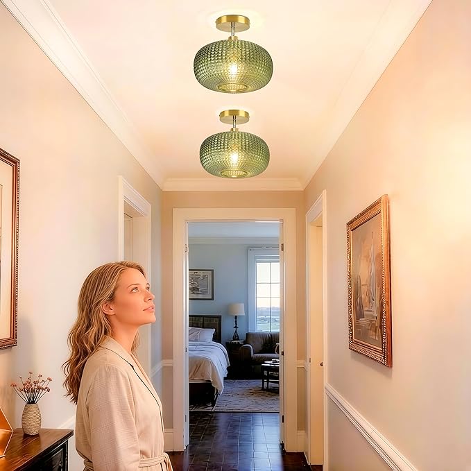 Semi Flush Mount Ceiling Light,Hallway Light Fixtures,Globe Glass Ceiling Fixture with Green Shade,Kitchen Ceiling Light Fixture,Vintage Green Ceiling Lights,Retro Ceiling Lighting for Entryway Porch