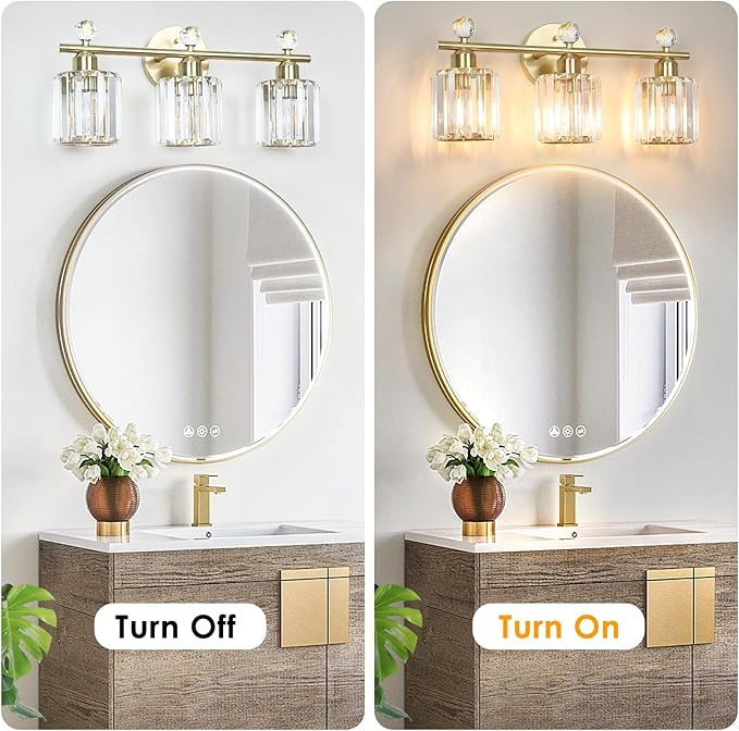 3-Light Gold Bathroom Light Fixtures Modern K9 Crystal Vanity Lights Wall Sconce with Stainless Steel Base, Elegant Bathroom & Bedroom Lighting, Secure Packaging