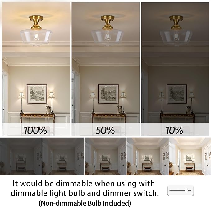 Brass Schoolhouse Light Fixture 12" Mid Century Light Fixture Schoolhouse Light Fixtures Ceiling Clear Glass Semi Flush Mount Ceiling Lights for Bedroom Bathroom Kitchen(Bulb Incl.)