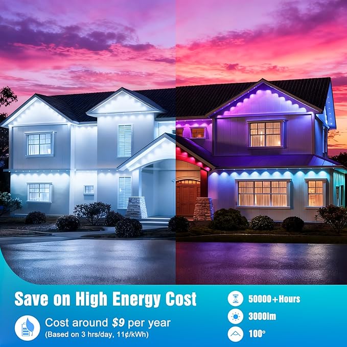 JOH Permanent Outdoor Lights,100FT RGB+IC Smart Eave Lights with DIY Color, IP67 Waterproof, App & Remote Control, 72 Scene Modes, Outdoor Roof Lighting for Christmas, Holiday & Daily Decor
