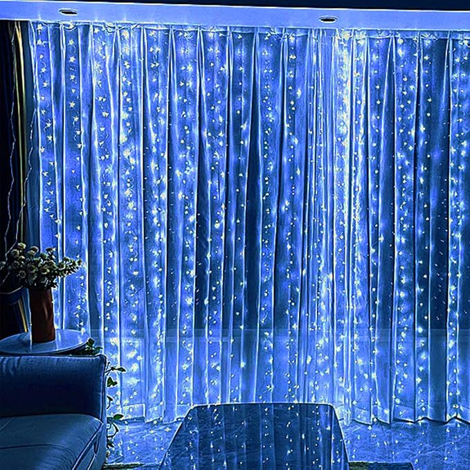 300 LED Fairy Lights, Twinkle Lights with 8 Light Modes, 9.8x9.8Ft Curtain String Lights Remote Control for Christmas, Bedroom, Indoor, Outdoor, Weddings, Party, Birthday Decor (Blue)