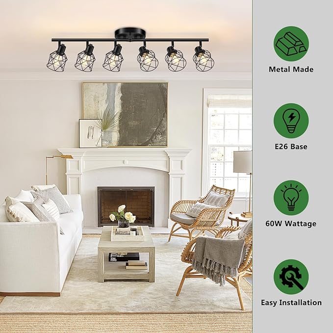 6-Lights Black Semi Flush Mount Ceiling Light, Multi-Directional Ceiling Light Fixtures, Rotatable Kitchen Track Lighting Fixtures with Wire Cages for Living Room, Dining Table, Foyer
